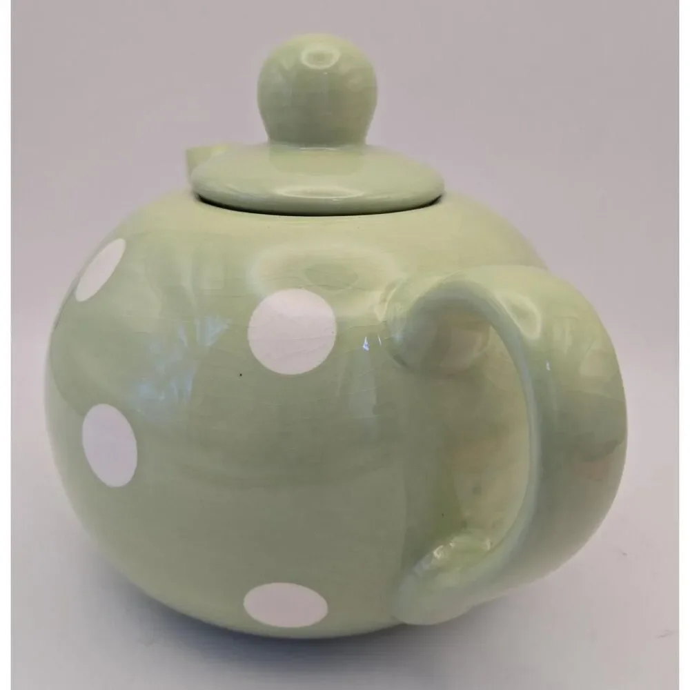 Mint Green Teapot With Lid  And White‎ Polkadots Durable Stoneware Ceramic